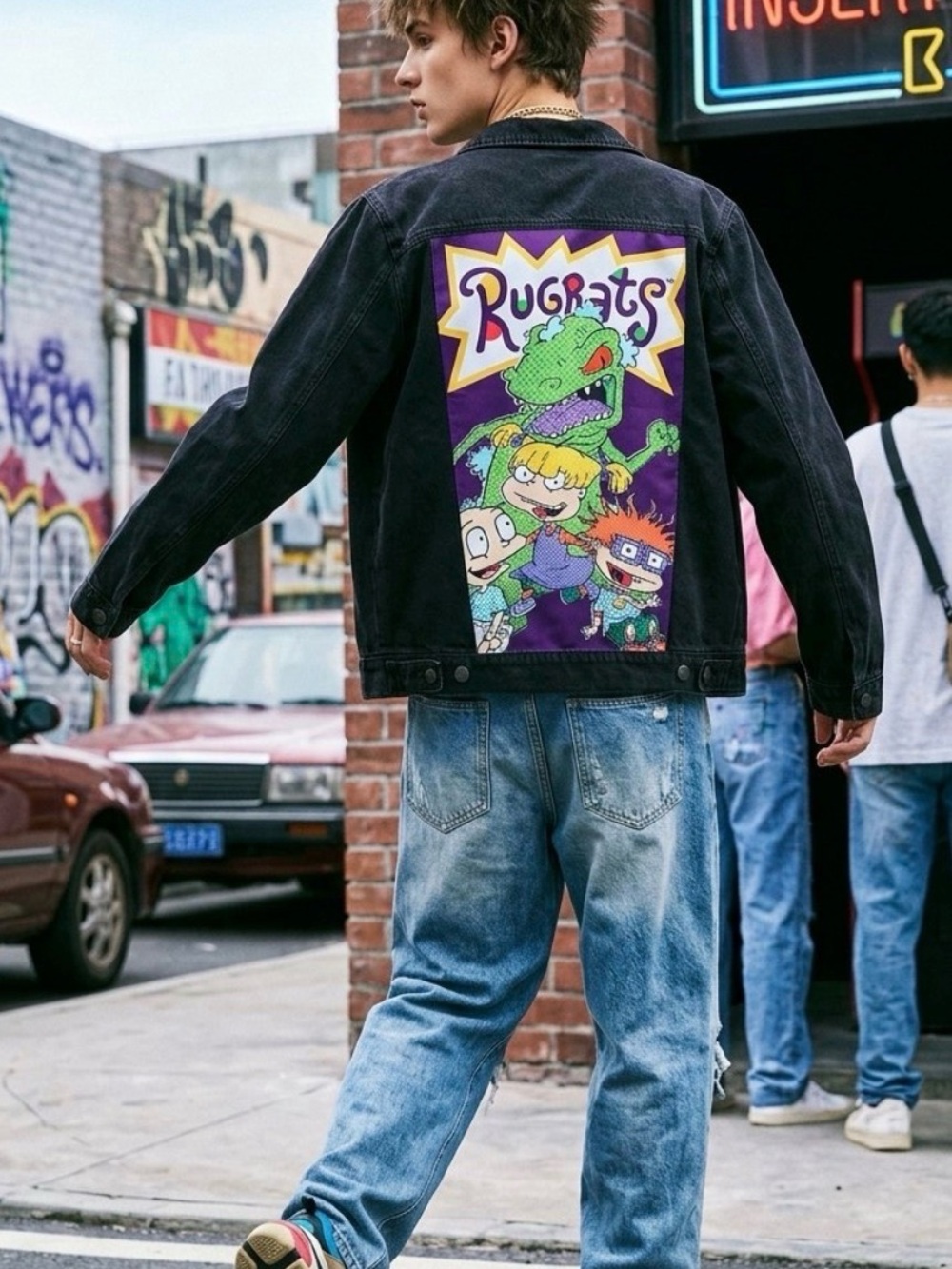 Nickelodeon Rugrats Black Denim Jacket Reptar Graphic Vintage Style Small